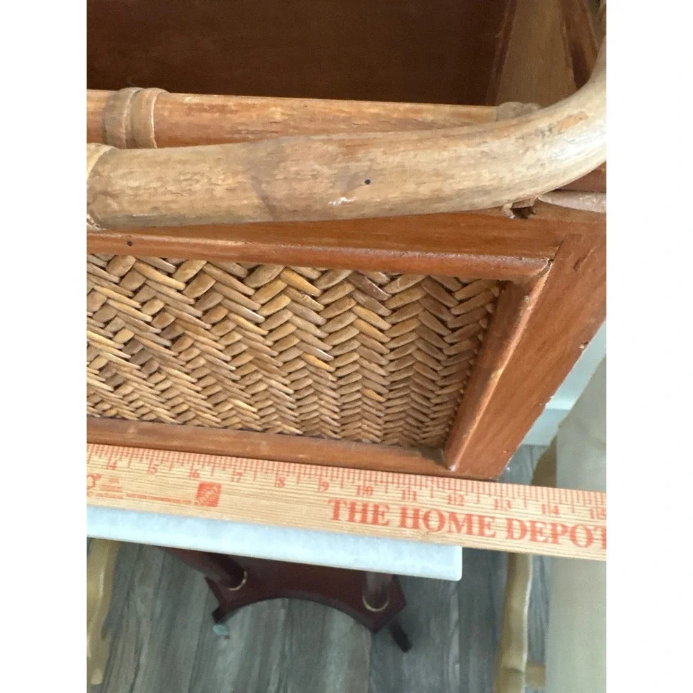 Vintage Woven Rattan Bamboo Wood Rectangular Basket w/ Bamboo Swing Handles MCM